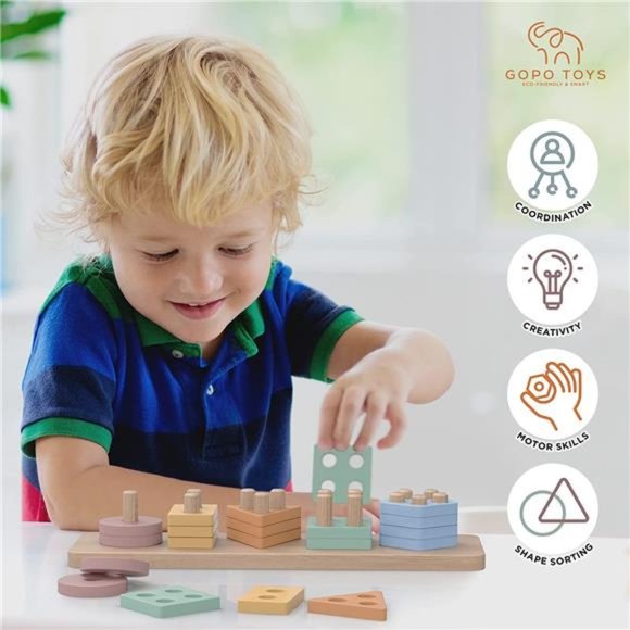 Montessori Toys for 18+ Months Old - Toddlers Wooden Sorting and Stacking Toys - Picture 2 of 6